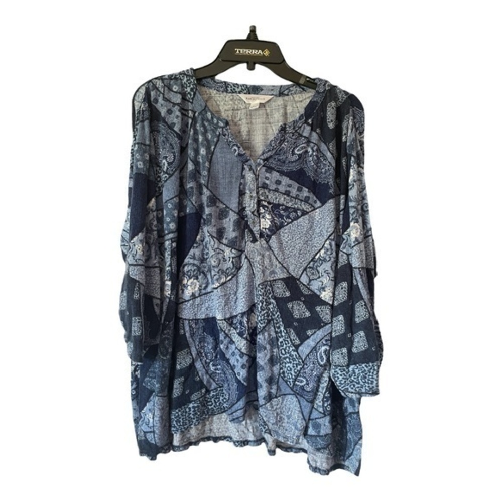 Northern Reflections Womens Blue Patchwork Long Sleeve Rayon Top 3/4 Sleeve Size